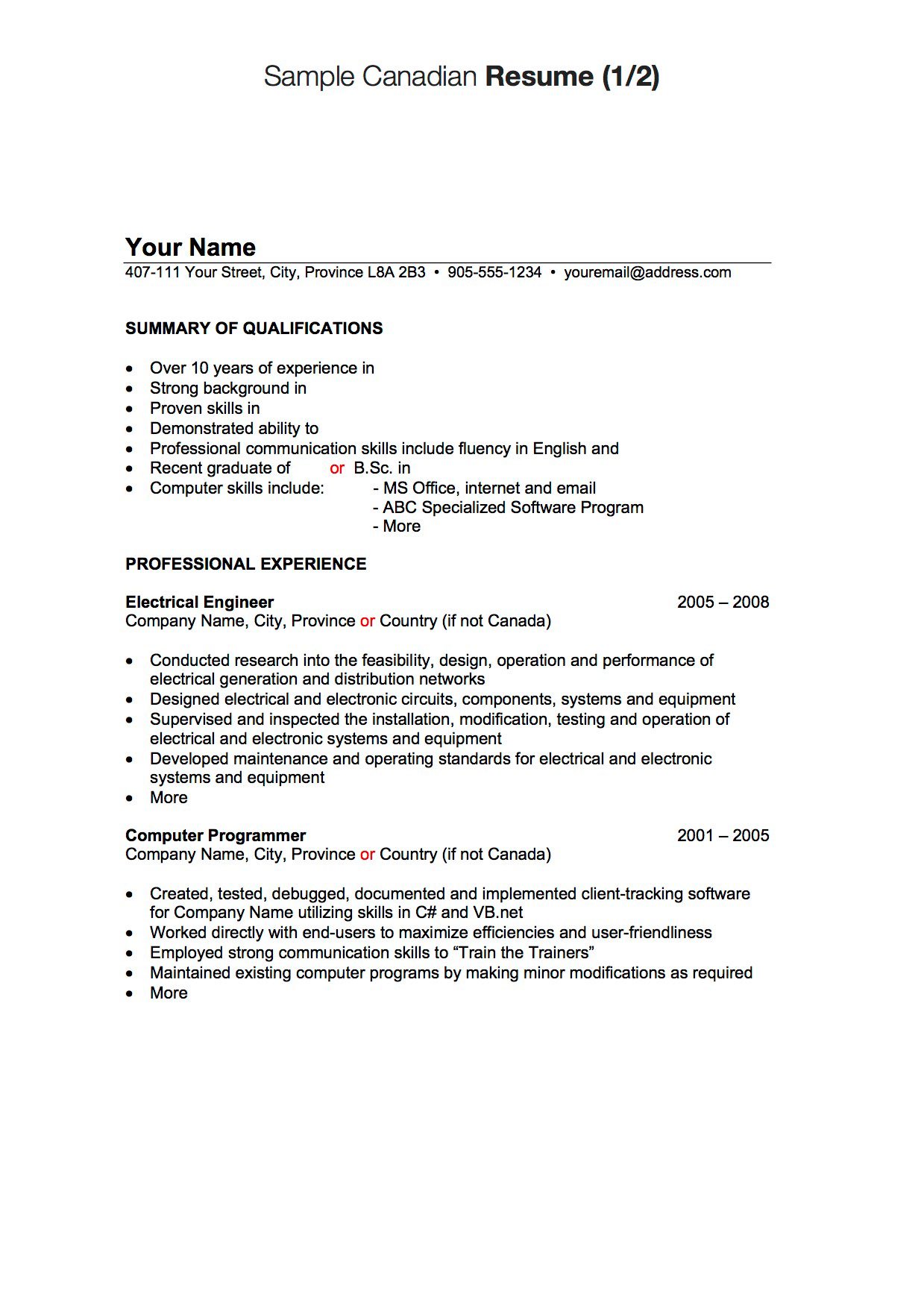resume format for canada work permit